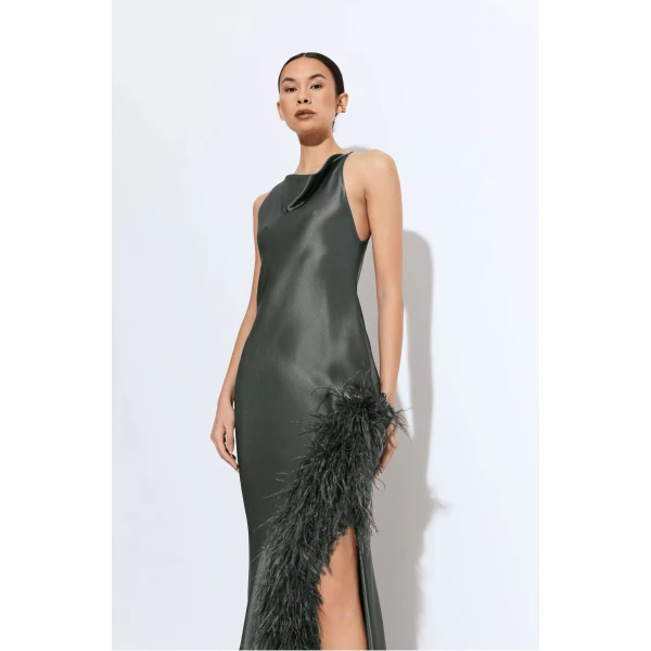 LAPOINTE Satin Halter Gown With Feathers - Green Dresses - New York Luxury Fashion at Coveti