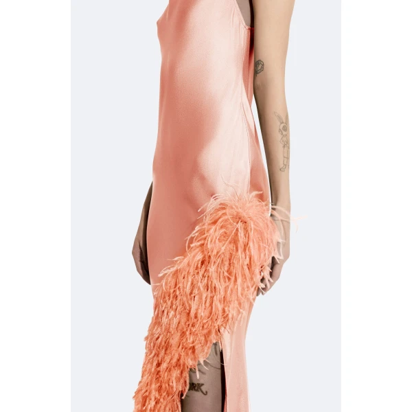LAPOINTE Satin Halter Gown With Feathers - Pink Dresses - New York Luxury Fashion at Coveti