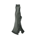 LAPOINTE Satin Halter Gown With Feathers - Green Dresses - New York Luxury Fashion at Coveti