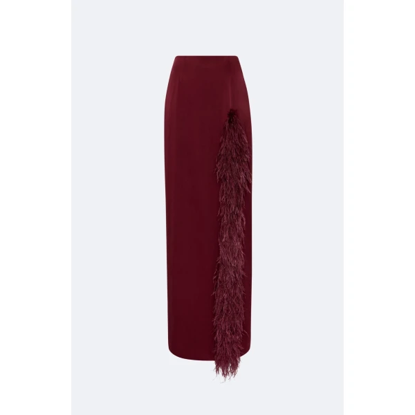 LAPOINTE Satin High Waist Slit Maxi Skirt With Feathers - Red Skirts - New York Luxury Fashion at Coveti