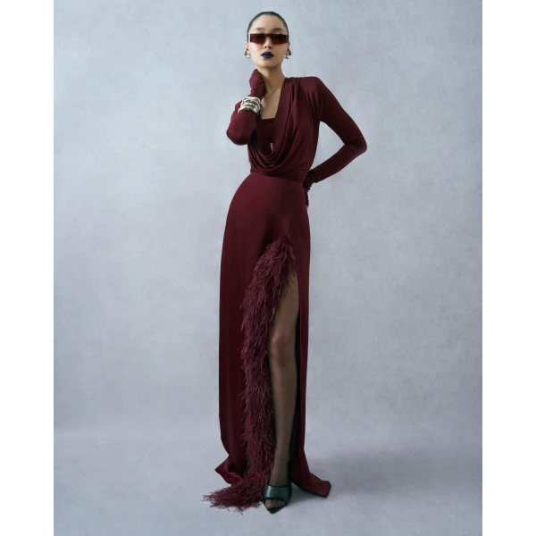 LAPOINTE Satin High Waist Slit Maxi Skirt With Feathers - Red Skirts - New York Luxury Fashion at Coveti
