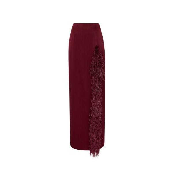 LAPOINTE Satin High Waist Slit Maxi Skirt With Feathers - Red Skirts - New York Luxury Fashion at Coveti