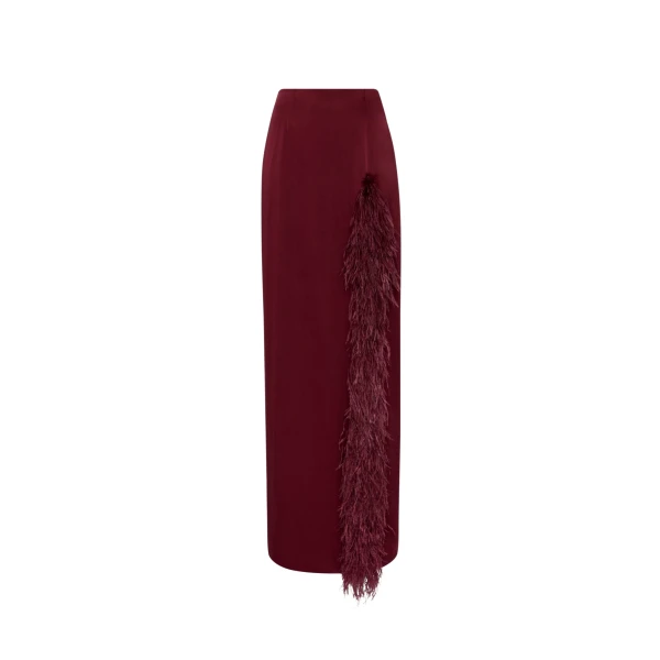 LAPOINTE Satin High Waist Slit Maxi Skirt With Feathers - Red Skirts - New York Luxury Fashion at Coveti