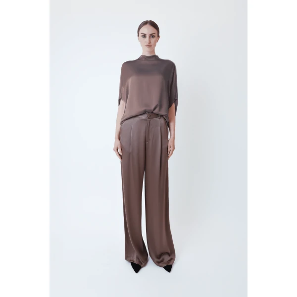 LAPOINTE Satin Relaxed Pleated Pant - Brown Pants - New York Luxury Fashion at Coveti