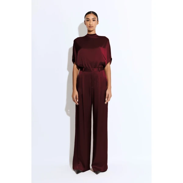 LAPOINTE Satin Relaxed Pleated Pant - Red Pants - New York Luxury Fashion at Coveti