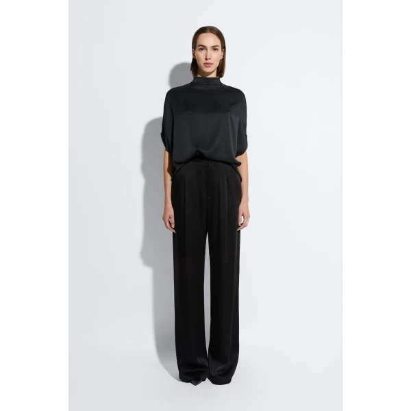 LAPOINTE Satin Relaxed Pleated Pant - Black Pants - New York Luxury Fashion at Coveti