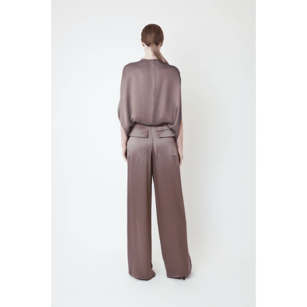 LAPOINTE Satin Relaxed Pleated Pant - Brown Pants - New York Luxury Fashion at Coveti