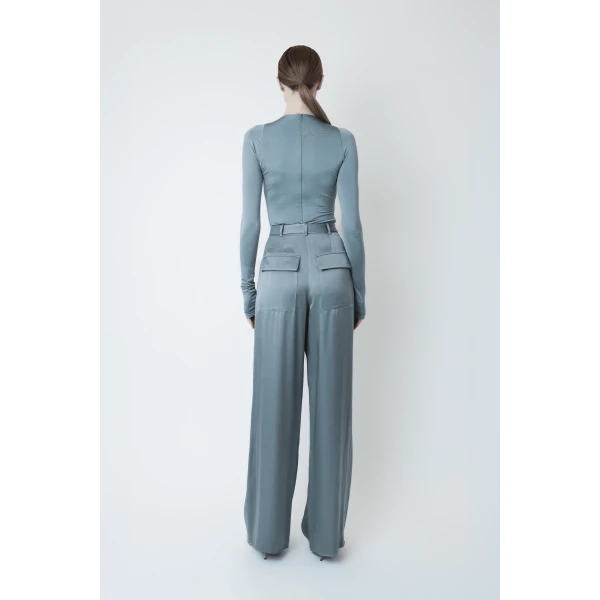 LAPOINTE Satin Relaxed Pleated Pant - Blue Pants - New York Luxury Fashion at Coveti