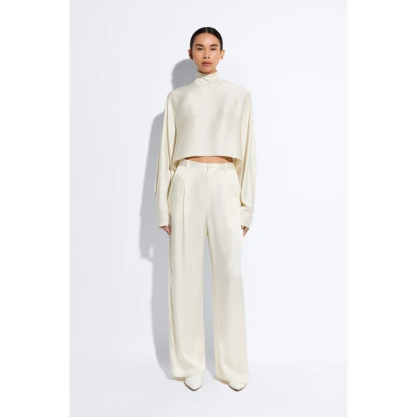 LAPOINTE Satin Relaxed Pleated Pant - Ivory Pants - New York Luxury Fashion at Coveti