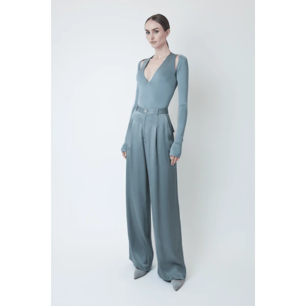 LAPOINTE Satin Relaxed Pleated Pant - Blue Pants - New York Luxury Fashion at Coveti