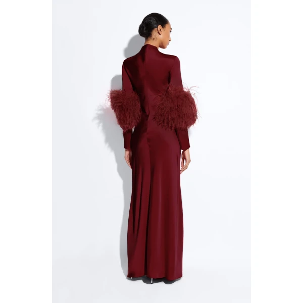 LAPOINTE Satin Tab Gown With Feathers - Red Dresses - New York Luxury Fashion at Coveti