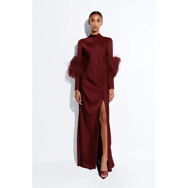 LAPOINTE Satin Tab Gown With Feathers - Red Dresses - New York Luxury Fashion at Coveti