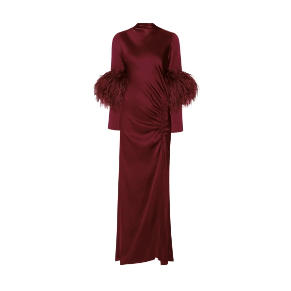 LAPOINTE Satin Tab Gown With Feathers - Red Dresses - New York Luxury Fashion at Coveti