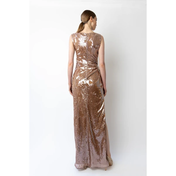LAPOINTE Sheer Sequin Ruched Gown With Slit - Beige Dresses - New York Luxury Fashion at Coveti