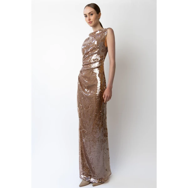 LAPOINTE Sheer Sequin Ruched Gown With Slit - Beige Dresses - New York Luxury Fashion at Coveti