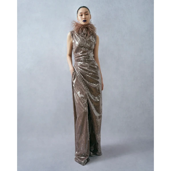 LAPOINTE Sheer Sequin Ruched Gown With Slit - Beige Dresses - New York Luxury Fashion at Coveti