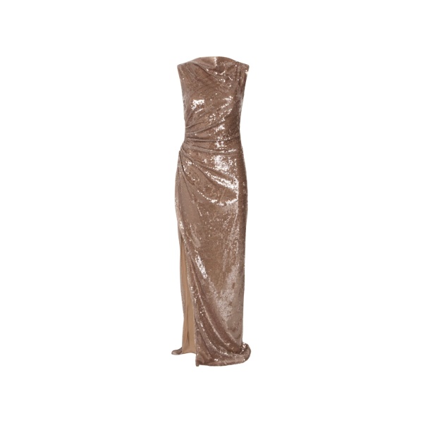 LAPOINTE Sheer Sequin Ruched Gown With Slit - Beige Dresses - New York Luxury Fashion at Coveti