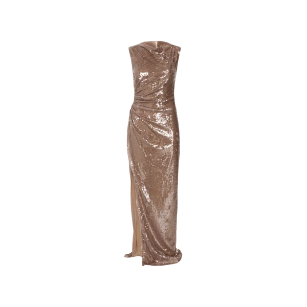 LAPOINTE Sheer Sequin Ruched Gown With Slit - Beige Dresses - New York Luxury Fashion at Coveti