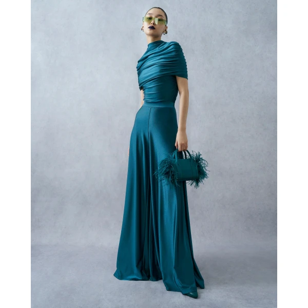 LAPOINTE Shine Jersey Wide Leg Pant - Blue Pants - New York Luxury Fashion at Coveti