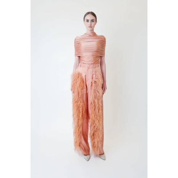 LAPOINTE Silky Twill Relaxed Pleated Pant With Feathers - Pink Pants - New York Luxury Fashion at Coveti