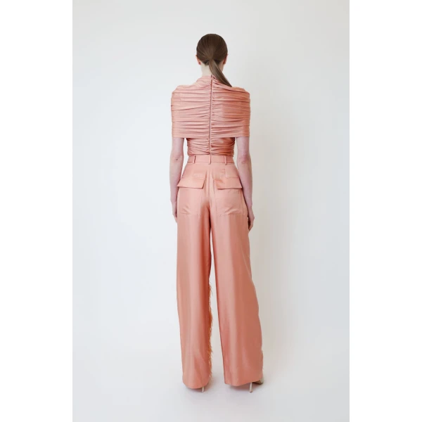 LAPOINTE Silky Twill Relaxed Pleated Pant With Feathers - Pink Pants - New York Luxury Fashion at Coveti