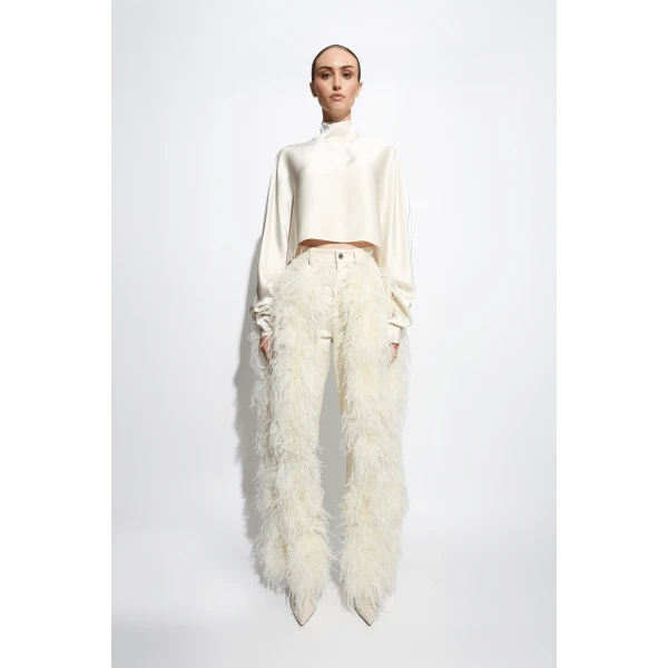 LAPOINTE Stretch Cotton Twill Denim Pant With Feathers - Ivory Pants - New York Luxury Fashion at Coveti