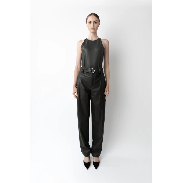 LAPOINTE Stretch Faux Leather Belted Tapered Trouser - Green Pants - New York Luxury Fashion at Coveti
