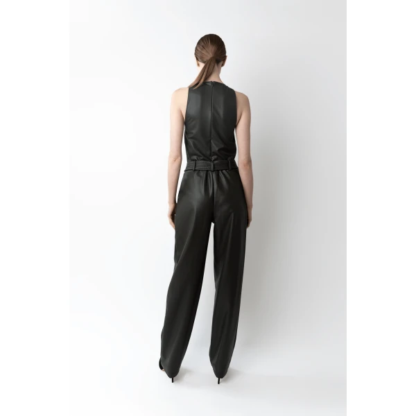 LAPOINTE Stretch Faux Leather Belted Tapered Trouser - Green Pants - New York Luxury Fashion at Coveti