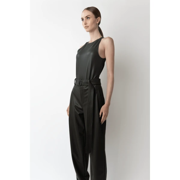 LAPOINTE Stretch Faux Leather Belted Tapered Trouser - Green Pants - New York Luxury Fashion at Coveti