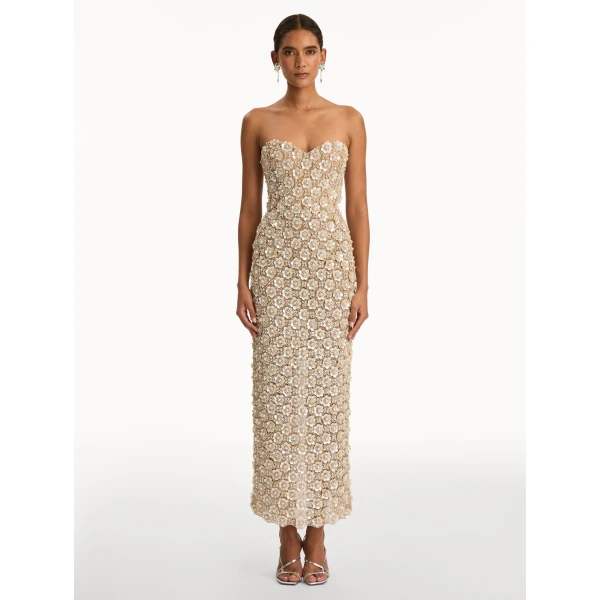 Oscar de la Renta Mother of Pearl Embroidered Column Gown - Dresses - American Luxury Evening Wear at Coveti