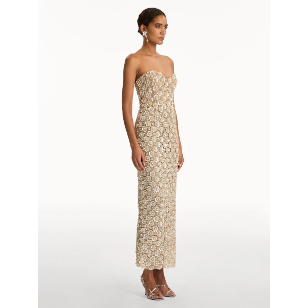 Oscar de la Renta Mother of Pearl Embroidered Column Gown - Dresses - American Luxury Evening Wear at Coveti