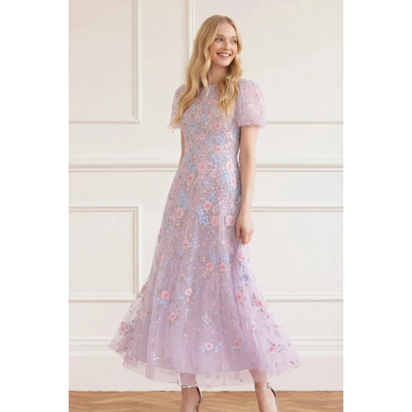 Needle & Thread Peony Bouquet Round Neck Ankle Gown - Clothing - British Luxury Embellished Dress at Coveti