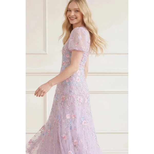 Needle & Thread Peony Bouquet Round Neck Ankle Gown - Clothing - British Luxury Embellished Dress at Coveti