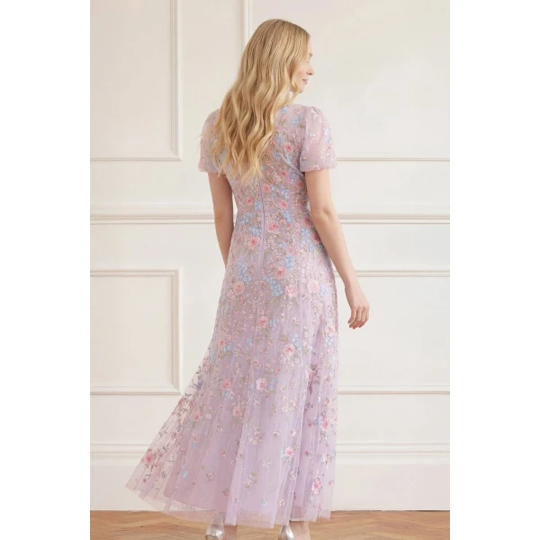 Needle & Thread Peony Bouquet Round Neck Ankle Gown - Clothing - British Luxury Embellished Dress at Coveti