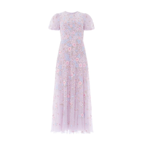 Needle & Thread Peony Bouquet Round Neck Ankle Gown - Clothing - British Luxury Embellished Dress at Coveti