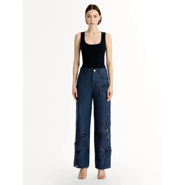 Oscar de la Renta Porcelain Flower Cutout Denim Pant - Pants - American Luxury Evening Wear at Coveti