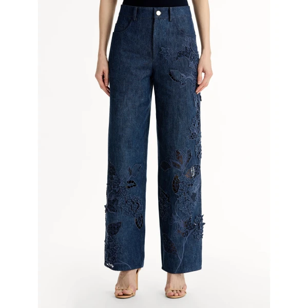 Oscar de la Renta Porcelain Flower Cutout Denim Pant - Pants - American Luxury Evening Wear at Coveti