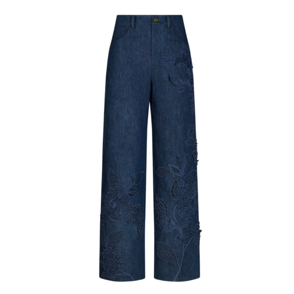 Oscar de la Renta Porcelain Flower Cutout Denim Pant - Pants - American Luxury Evening Wear at Coveti