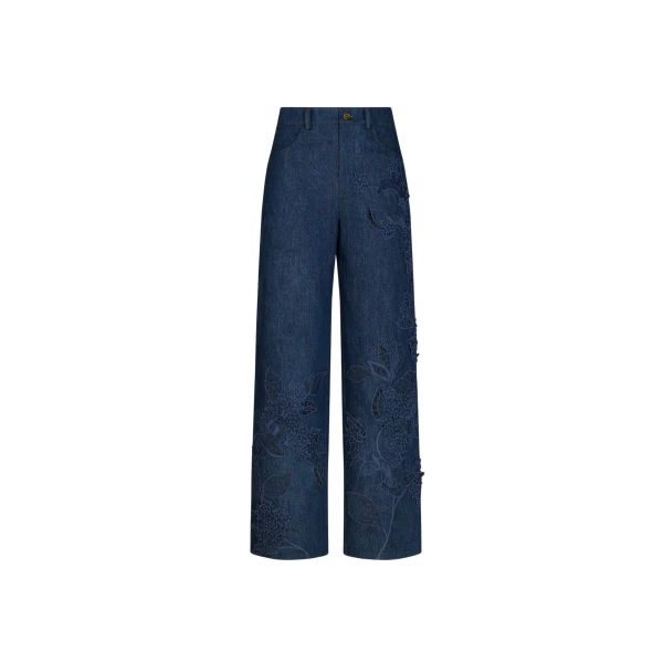 Oscar de la Renta Porcelain Flower Cutout Denim Pant - Pants - American Luxury Evening Wear at Coveti