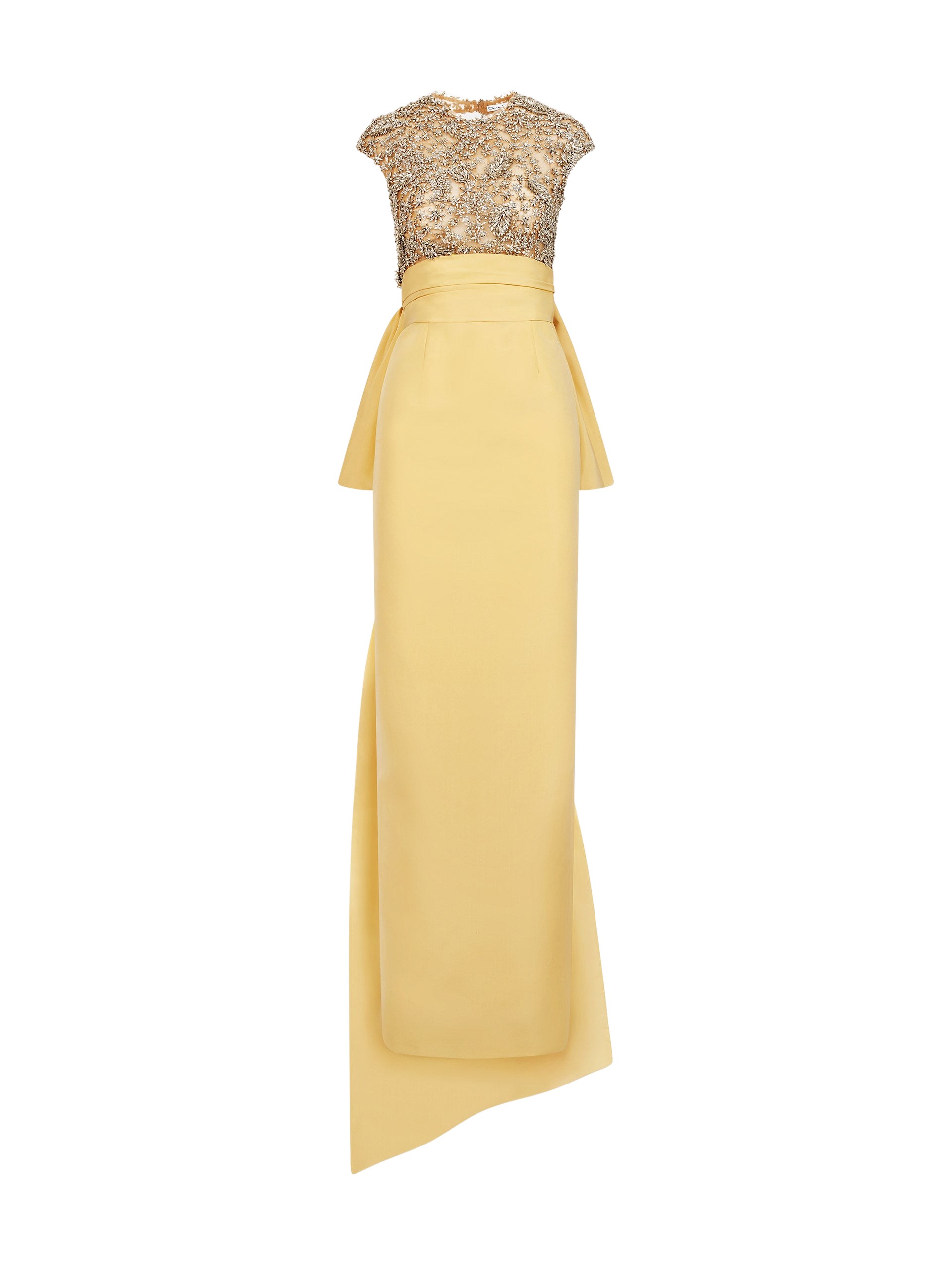 Oscar de la Renta Porcelain Flower Embroidered Short-Sleeve Gown