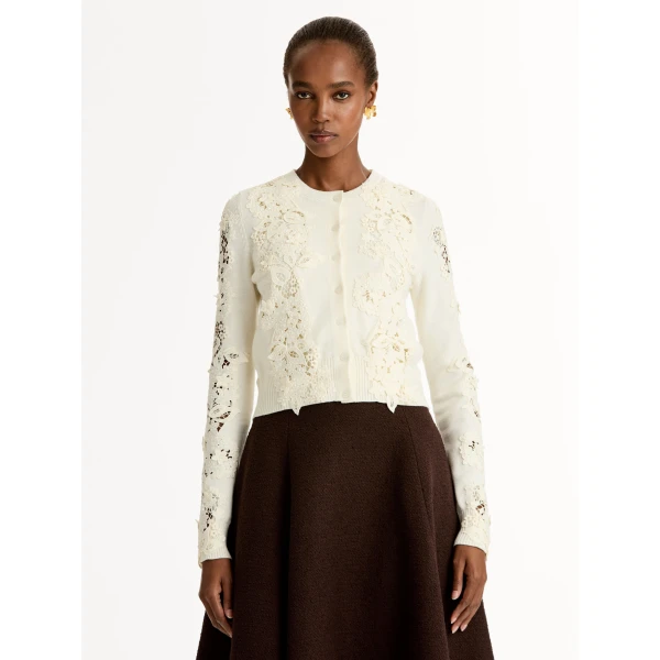 Oscar de la Renta Porcelain Flower Guipure Insert Cardigan - Knitwear - American Luxury Evening Wear at Coveti