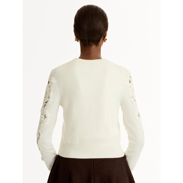 Oscar de la Renta Porcelain Flower Guipure Insert Cardigan - Knitwear - American Luxury Evening Wear at Coveti