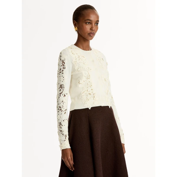 Oscar de la Renta Porcelain Flower Guipure Insert Cardigan - Knitwear - American Luxury Evening Wear at Coveti