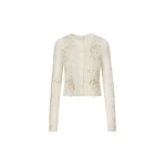 Oscar de la Renta Porcelain Flower Guipure Insert Cardigan - Knitwear - American Luxury Evening Wear at Coveti
