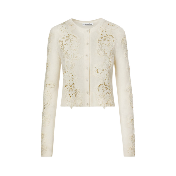 Oscar de la Renta Porcelain Flower Guipure Insert Cardigan - Knitwear - American Luxury Evening Wear at Coveti