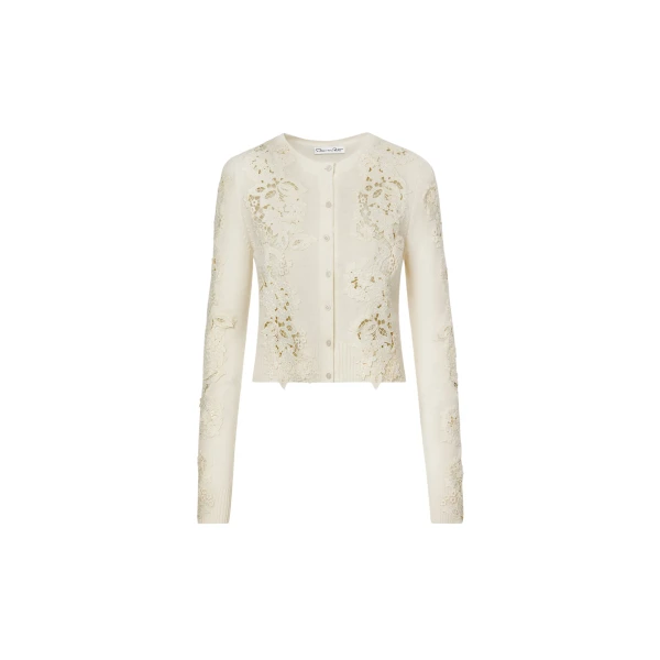 Oscar de la Renta Porcelain Flower Guipure Insert Cardigan - Knitwear - American Luxury Evening Wear at Coveti