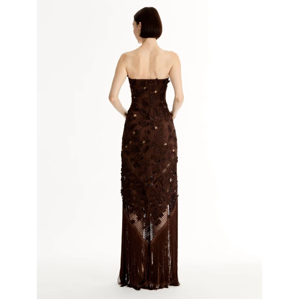 Oscar de la Renta Porcelain Flower Lattice Fringe Gown - Dresses - American Luxury Evening Wear at Coveti