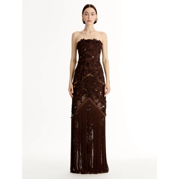 Oscar de la Renta Porcelain Flower Lattice Fringe Gown - Dresses - American Luxury Evening Wear at Coveti