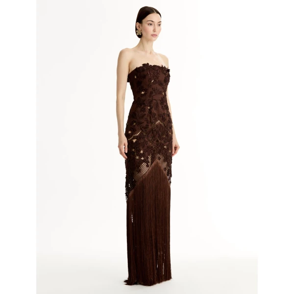 Oscar de la Renta Porcelain Flower Lattice Fringe Gown - Dresses - American Luxury Evening Wear at Coveti