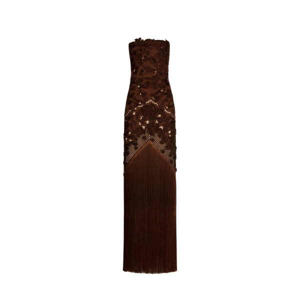 Oscar de la Renta Porcelain Flower Lattice Fringe Gown - Dresses - American Luxury Evening Wear at Coveti